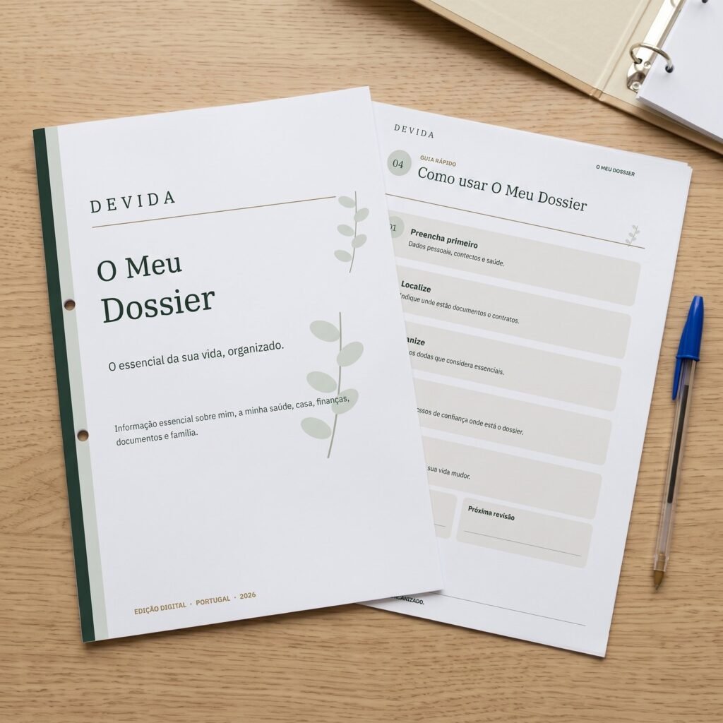 O Meu Dossier DEVIDA impresso, com páginas interiores sobre mesa de madeira