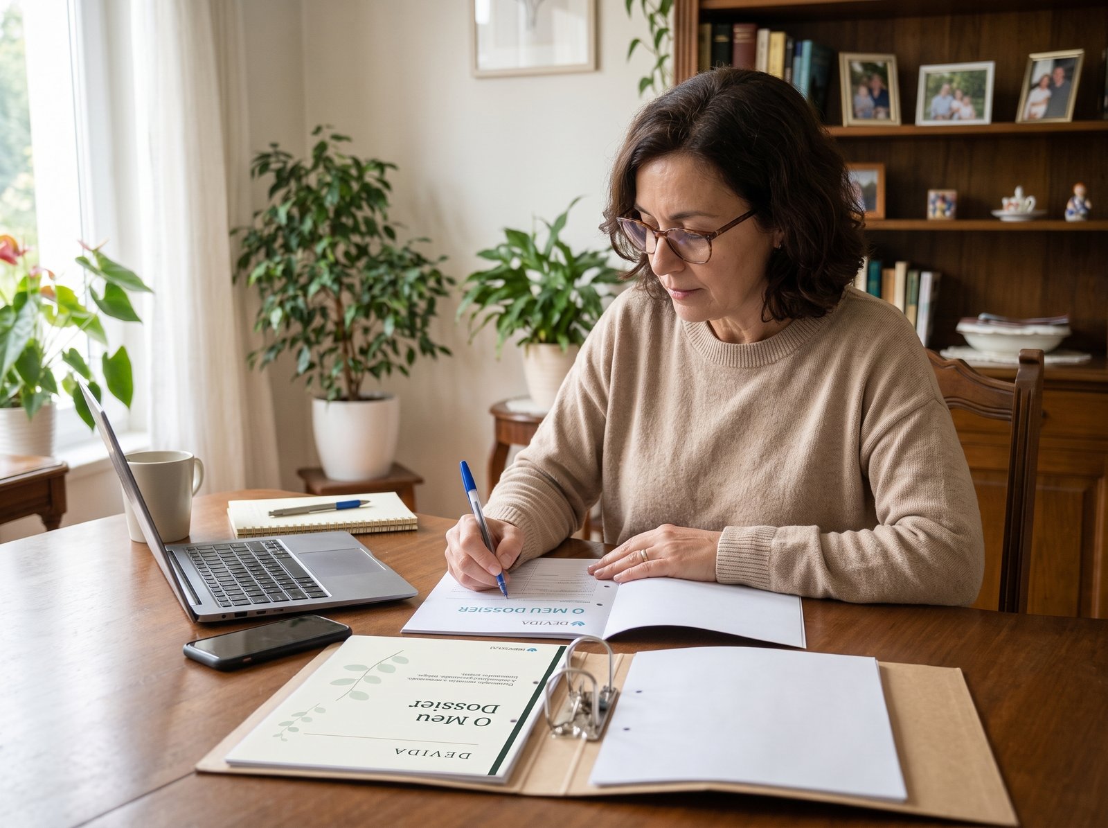 Mulher a preencher o dossier DEVIDA em casa